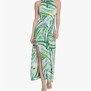 Donna Morgan Green and White Halter Maxi Dress